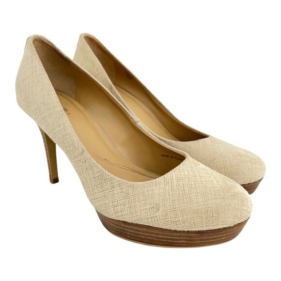 Tahari (7.5) Sophia Cream Waxed Burlap Stacked Platform Stiletto Pump Heels - Picture 1 of 12